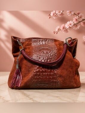 Rust Suede Shoulder Hobo with Plum Leather Trim